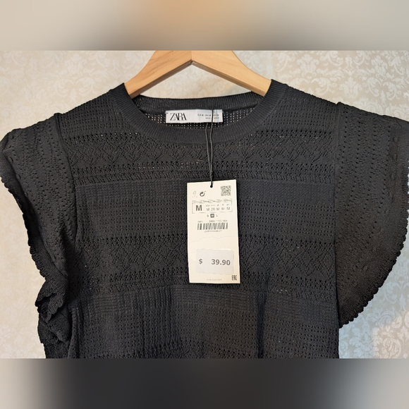 ZARA NWT Crop Top Pointelle w Double Ruffle Sleeve Large - Picture 12 of 16